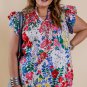 Red Plus Floral Print Ruffle Cap Sleeve V Neck Blouse