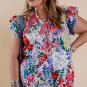 Red Plus Floral Print Ruffle Cap Sleeve V Neck Blouse