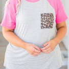 Stripe Leopard Patch Pocket Plus Size Raglan Sleeve Tee