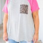 Stripe Leopard Patch Pocket Plus Size Raglan Sleeve Tee