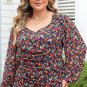 Black Plus Size V Neck Bubble Sleeve Floral Blouse