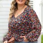 Black Plus Size V Neck Bubble Sleeve Floral Blouse