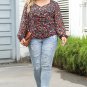 Black Plus Size V Neck Bubble Sleeve Floral Blouse