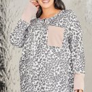 Leopard Plus Size Waffle Knit Patchwork Long Sleeve Henley Top
