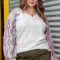 Beige Geometric Contrast Sleeved Plus Size Top
