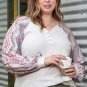 Beige Geometric Contrast Sleeved Plus Size Top
