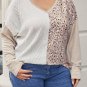 Gray Plus Size Leopard Patchwork Mix Knit Long Sleeve Top