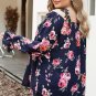Navy Blue Plus Size Crochet Detail Cold shoulder Floral Blouse