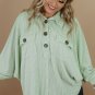 Green Plus Size Ribbed Pocketed Long Sleeve Henley Top
