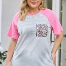 Stripe Leopard Patch Pocket Plus Size Raglan Sleeve Tee