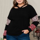 Black Plus Size Leopard Patchwork Strappy Neck Top