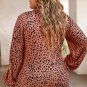 Leopard Plus Size Puff Sleeve V Neck Lace Up Slim Top