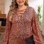 Leopard Plus Size Puff Sleeve V Neck Lace Up Slim Top