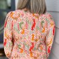 Orange Printed Floral Abstract Print Frilled V Neck Plus Size Blouse