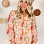 Orange Printed Floral Abstract Print Frilled V Neck Plus Size Blouse