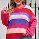 Pink Plus Size Striped Knit Pompom Puff Sleeve Sweater