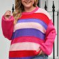 Pink Plus Size Striped Knit Pompom Puff Sleeve Sweater