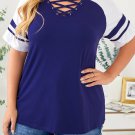 Blue Crisscross V Neck Raglan Sleeve Plus Size Tee