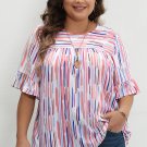 White Stripe Ruffled Short Sleeve Plus Size Blouse