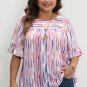 White Stripe Ruffled Short Sleeve Plus Size Blouse