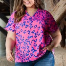 Rose Contrast Leopard Print Plus Size V Neck Blouse