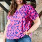 Rose Contrast Leopard Print Plus Size V Neck Blouse