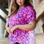 Rose Contrast Leopard Print Plus Size V Neck Blouse
