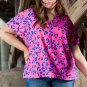 Rose Contrast Leopard Print Plus Size V Neck Blouse