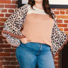 Khaki Printed Plus Ruffle Leopard Sleeve Waffled Color Block Top