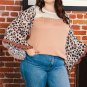 Khaki Printed Plus Ruffle Leopard Sleeve Waffled Color Block Top