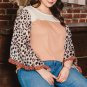 Khaki Printed Plus Ruffle Leopard Sleeve Waffled Color Block Top