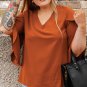 Gold Flame Plus Size Solid Wrapped Ruffled Sleeve V Neck Blouse