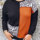 Black Orange Colorblock Leopard Patchwork Waffle Knit Plus Size Top