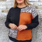Black Orange Colorblock Leopard Patchwork Waffle Knit Plus Size Top