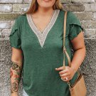 Blackish Green Plus Size Embroidery V Neck Draped Sleeve Blouse
