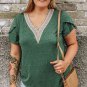 Blackish Green Plus Size Embroidery V Neck Draped Sleeve Blouse