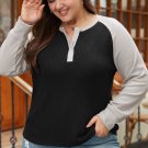 Black Color Contrast Waffle Knit Buttoned Plus Size Top