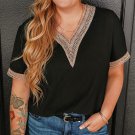 Black Lace Trim Short Sleeve V Neck Plus Size Top