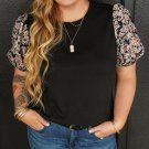 Black Daisy Printed Short Bubble Sleeve Plus Size Tunic Top