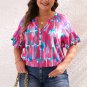 Rose Plus Brushstroke Ruffle Sleeve Button V Neck Blouse