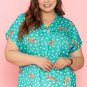 Green Cheetah Print V Neck Short Sleeve Plus Top