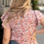 Pink Plus Size Floral Print Ruffled Sleeve Frilled Neck Blouse