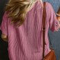 Rose Pink Textured V Neck Dropped Shoulder Plus T Shirt