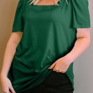 Green Plus Size Square Neck Ruched Shoulder Short Sleeve Top