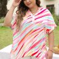 White Abstract Print Short Sleeve Notched Neck Plus Size Top