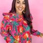 Rose Floral Print Pleated Ruffled O Neck Plus Size Blouse