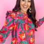 Rose Floral Print Pleated Ruffled O Neck Plus Size Blouse