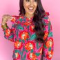 Rose Floral Print Pleated Ruffled O Neck Plus Size Blouse