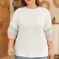 White Textured Colorblock Patchwork Half Sleeve Plus T Shirt