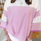Pink Stripe Patchwork Bracelet Sleeve Plus Size T Shirt